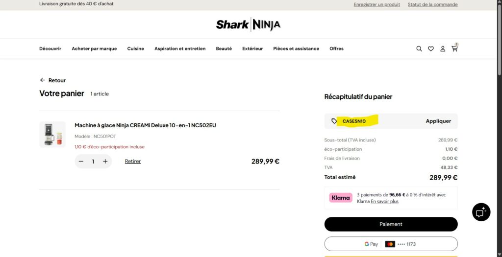 Capture d'écran du panier du site Ninja Kitchen sharkninja.fr montrant comment entrer et appliquer le code promo CASESN10 dans le champ dédié lors du passage en caisse pour obtenir -10% de réduction sur le total de la commande, avec la ligne de remise affichée dans le récapitulatif du panier