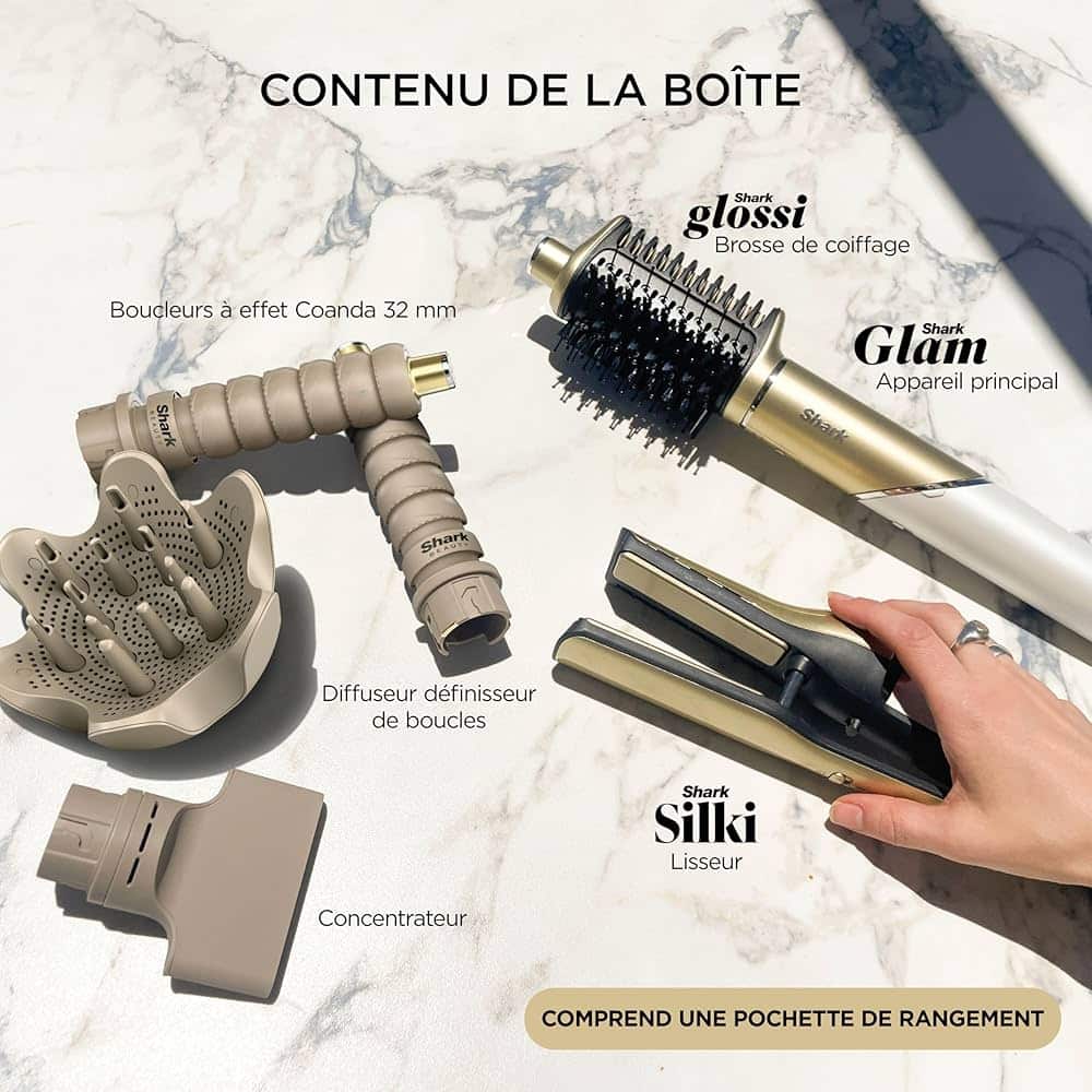  photo du SHARK GLAM doré entouré de ses embouts pour illustrer le coffret le plus complet de la gamme
