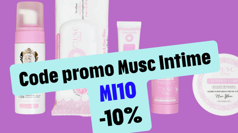 lacons et mousses Musc Intime posés sur une coiffeuse, illustrant l’offre de -10 % avec le code promo MI10 valable sur toute la boutique