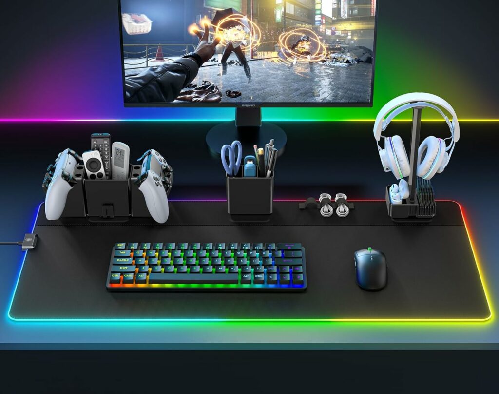 Un bureau de gamer avec clavier rétroéclairé multicolore, souris ergonomique, casque à LED et grand écran, créant une ambiance immersive et technologique, reflet de la passion des ados pour les jeux vidéo et leur univers visuel.