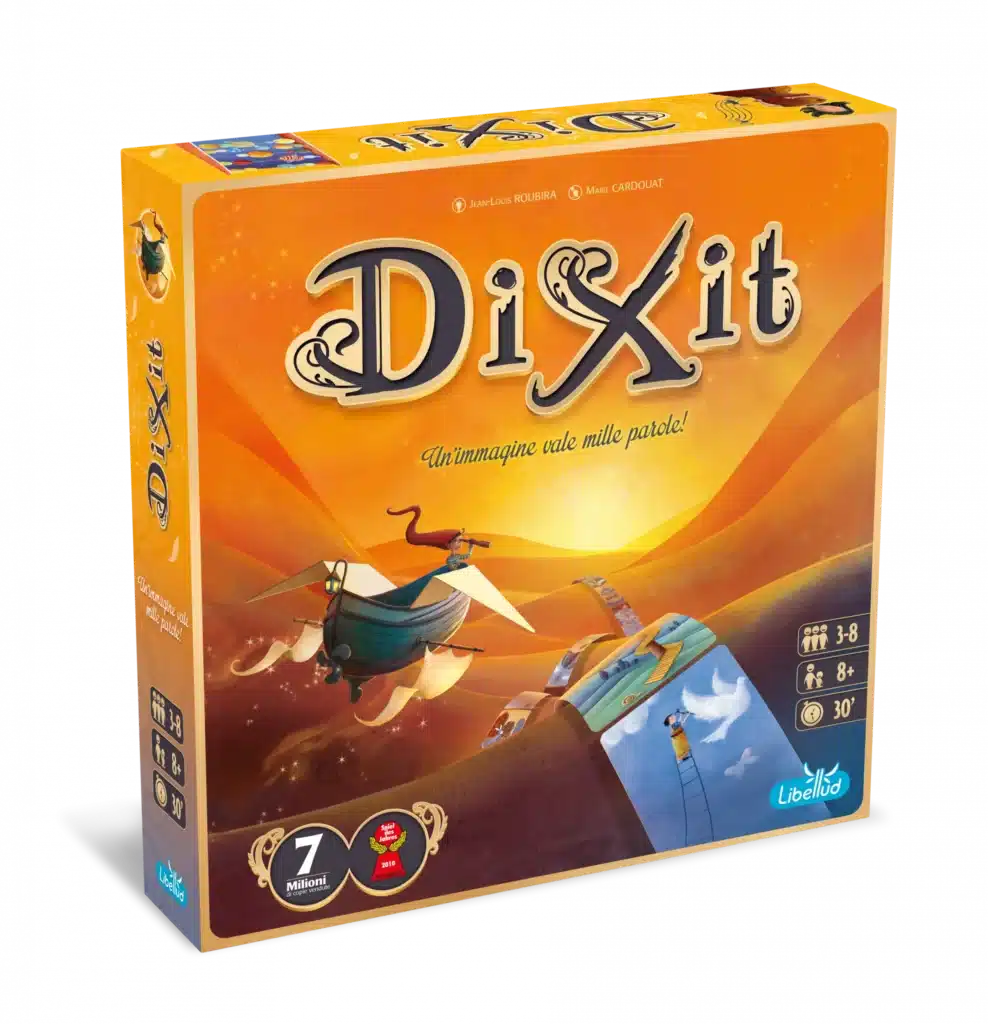 Boîte et cartes illustrées du jeu Dixit, présentées pour illustrer une soirée d'anniversaire entre ados