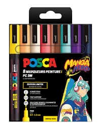 Set de feutres Posca Manga Galou ouvert sur un carnet noir, pour illustrer un cadeau créatif d'anniversaire ado