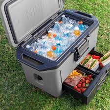 Photographie de la glacière Ninja FrostVault, mettant en évidence son compartiment Dry Zone innovant qui maintient les aliments sensibles au sec et à température constante, tout en offrant une conservation de la glace pendant plusieurs jours, idéale pour les pique-niques, le camping ou les sorties en plein air.