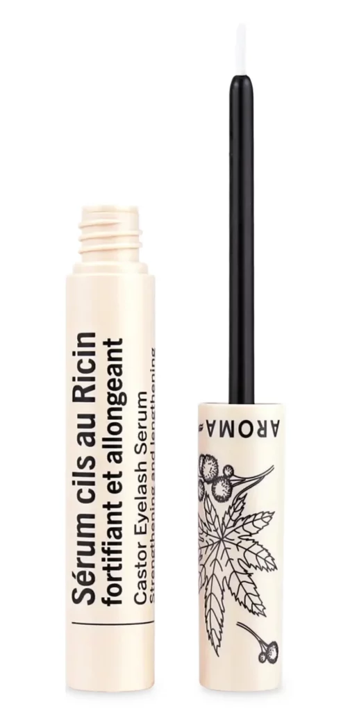 Composition illustrée du sérum Aroma-Zone avec les actifs clés : huile de ricin bio, panthénol, extrait de pousse de pois et peptides, montrant une formule naturelle sans parfum conçue pour booster la pousse des cils