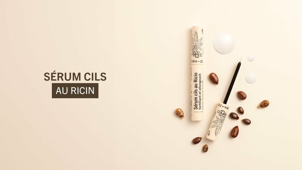 Photo du sérum cils fortifiant au ricin bio Aroma-Zone posé sur une coiffeuse minimaliste, illustrant un soin naturel pour fortifier et stimuler la pousse des cils au quotidien, dans le cadre d’une routine beauté douce et efficace.