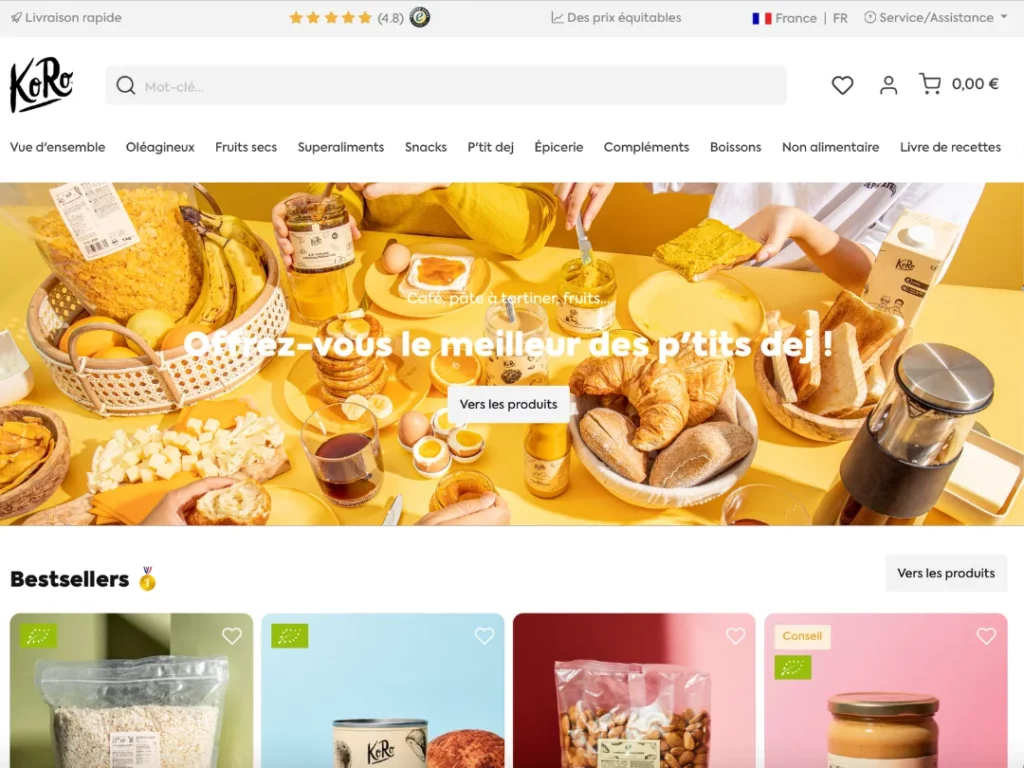Commande reçue depuis le site KoRo.fr, emballage soigné, livraison en 5 jours, produits bien protégés et étiquetés, expérience utilisateur fluide sur un site e-commerce dédié au vrac alimentaire