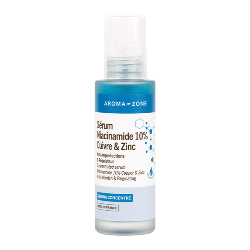 Résultats visibles après 4 à 6 semaines d'utilisation du sérum concentré Niacinamide, Cuivre & Zinc d’Aroma-Zone : teint plus net, pores resserrés, peau apaisée, moins de brillances et réduction des imperfections hormonales.