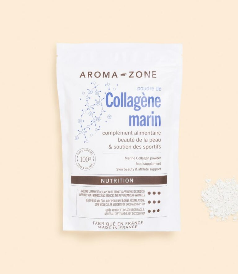 Photo du collagène marin en poudre Aroma-Zone, présenté dans son sachet refermable de 100 g, utilisé comme complément alimentaire naturel pour la beauté de la peau, des cheveux et le confort articulaire, idéal en cure anti-âge.