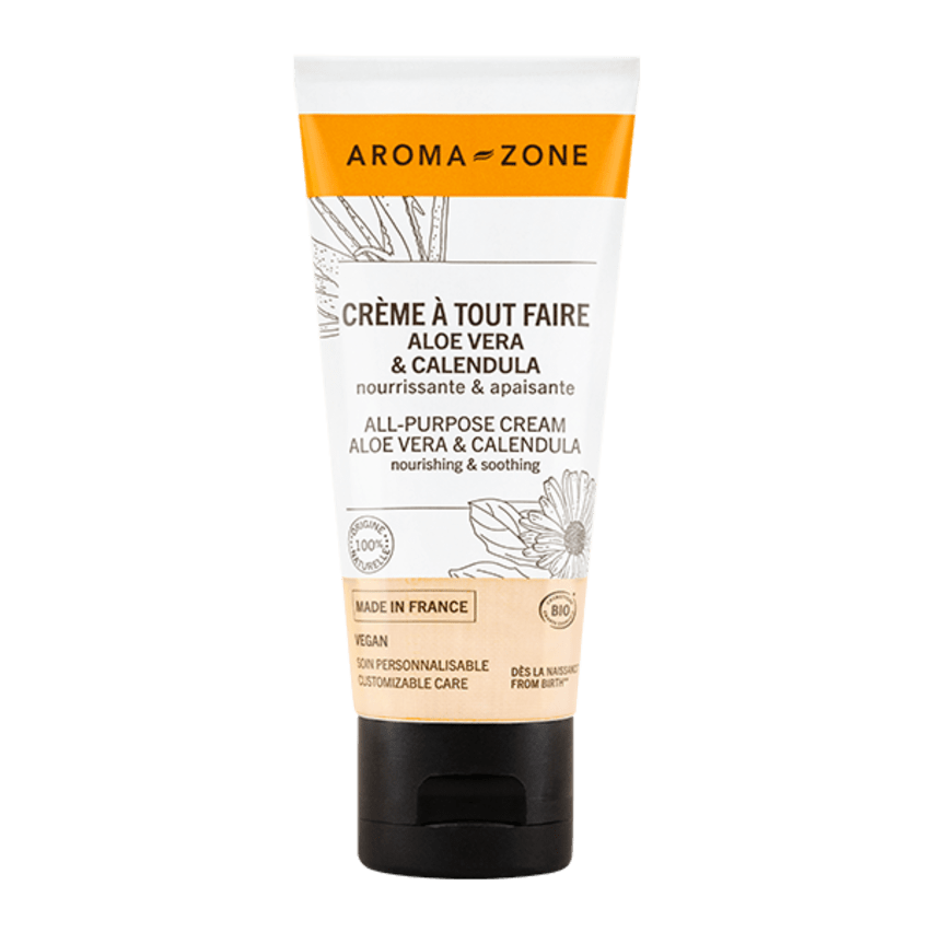 Focus sur la composition naturelle de la crème à tout faire d’Aroma-Zone avec aloe vera, huile de jojoba, calendula et beurre de cacao bio, sans parfum ni conservateurs agressifs, idéale pour les peaux sensibles ou atopiques.