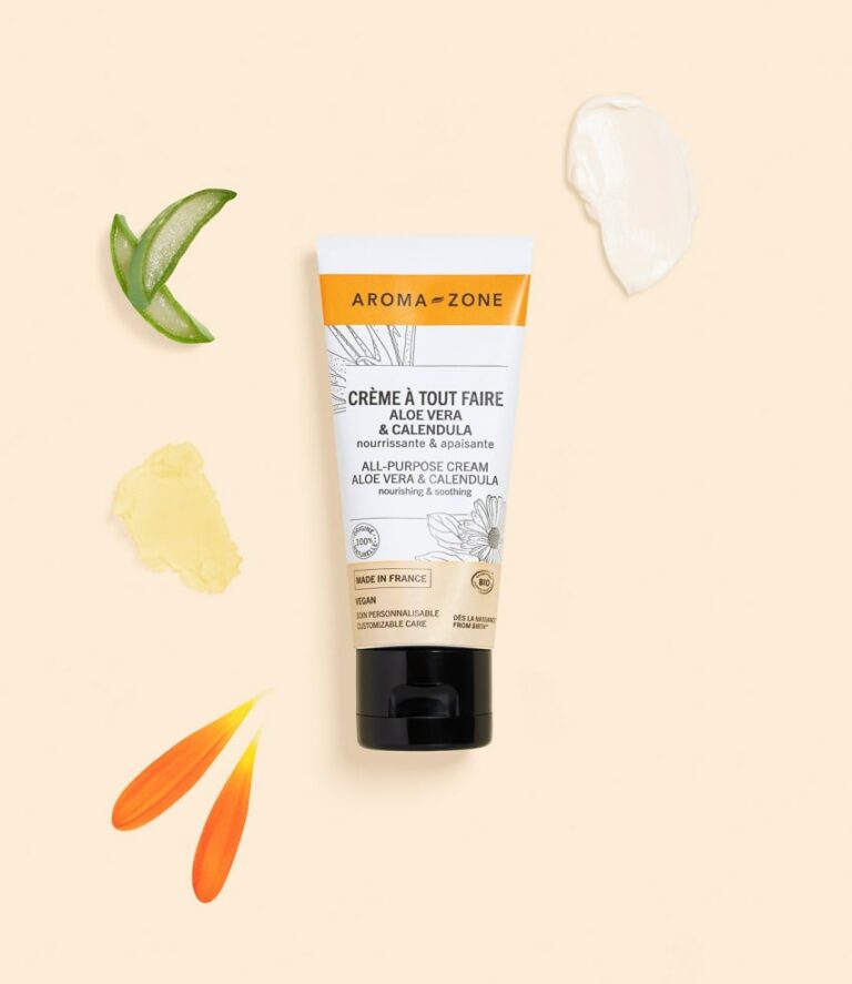 Flacon de la crème à tout faire Aroma-Zone, une base neutre bio certifiée Cosmos Organic, adaptée à tous types de peau, utilisable pour le visage, le corps, les mains et les cheveux, dans un format familial et économique.
