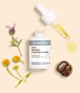 Flacon du sérum concentré Spilanthes & Acide hyaluronique d’Aroma-Zone, soin bio et vegan, sans parfum, destiné à lisser les rides d’expression, détendre les traits du visage et hydrater la peau naturellement.