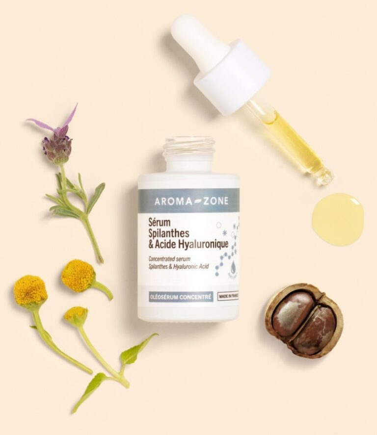 Flacon du sérum concentré Spilanthes & Acide hyaluronique d’Aroma-Zone, soin bio et vegan, sans parfum, destiné à lisser les rides d’expression, détendre les traits du visage et hydrater la peau naturellement.