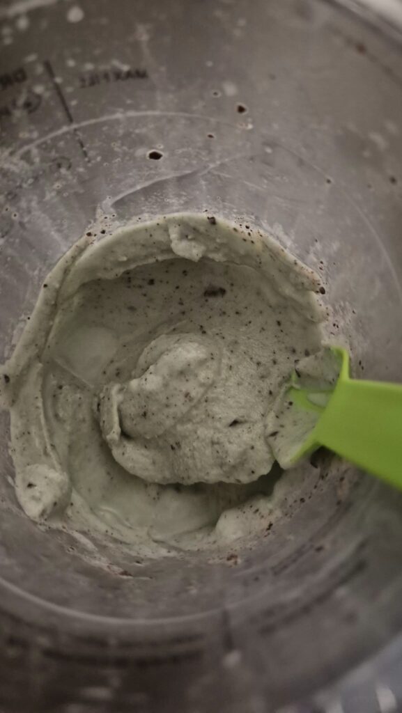 Glace maison à la menthe réalisée au Ninja Creami, texture onctueuse, arôme intense grâce à un double dosage de sirop de menthe, servie avec des morceaux de rochers au chocolat noir ajoutés après mixage, dessert frais et croquant, photo d’une coupe généreuse et colorée idéale pour les amateurs de menthe-choco bien corsée