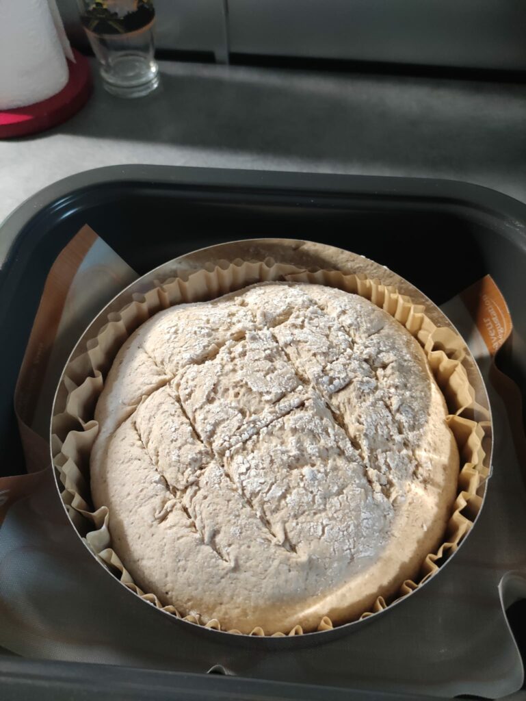 Pain de seigle maison levé et cuit dans une cocotte au Ninja Combi, croûte dorée et mie aérée grâce à deux levées à 35°C et une cuisson en cocotte en mode Bake à 210°C, recette simple et digeste à base de farine de seigle T130 et farine de blé T65, idéale pour accompagner tous les repas, pain rustique riche en fibres et bon pour le transit, photographié entier puis tranché avec sa mie moelleuse bien développée