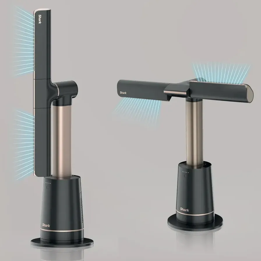  Vue rapprochée du ventilateur Shark TurboBlade montrant son design épuré, sa télécommande, son panneau de contrôle et ses technologies de diffusion d’air à grande vitesse.