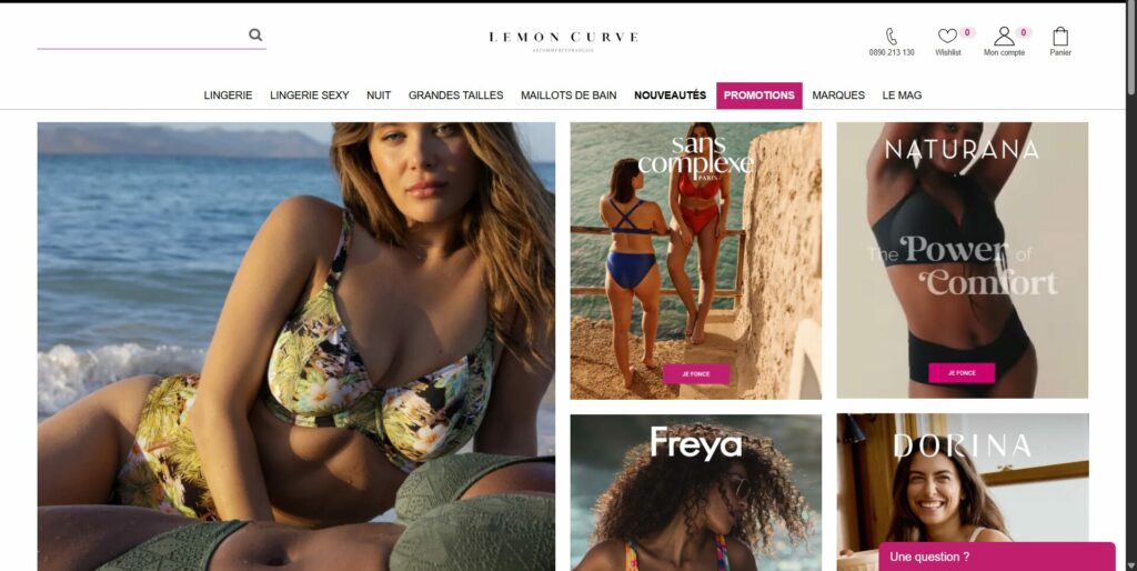 capture d’écran du site Lemon Curve mettant en évidence la navigation claire, la diversité des catégories (lingerie, grandes tailles, nuit, maillots de bain) et les options multimarques disponibles, avec des promotions régulières et une livraison offerte dès 69 €