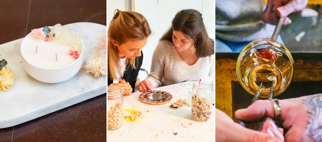 Atelier artisanal Wecandoo à Paris avec une artisane en train de guider une participante, ambiance chaleureuse et conviviale, idéal pour un cadeau original à offrir ou à vivre soi-même, avec un code promo pour économiser sur l’expérience
