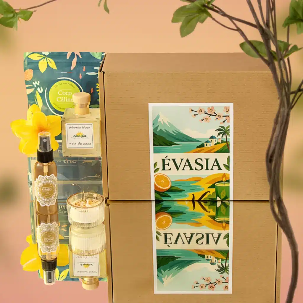 Idée cadeau anniversaire pour sa maman : coffret Évasia Box posé sur une table claire avec bougie parfumée, diffuseur à bâtonnets, pot de thé et livret illustré, ambiance apaisante, lumineuse et sensorielle, évoquant une escapade bien-être maison, cadeau pour prendre soin de soi sans quitter le salon.