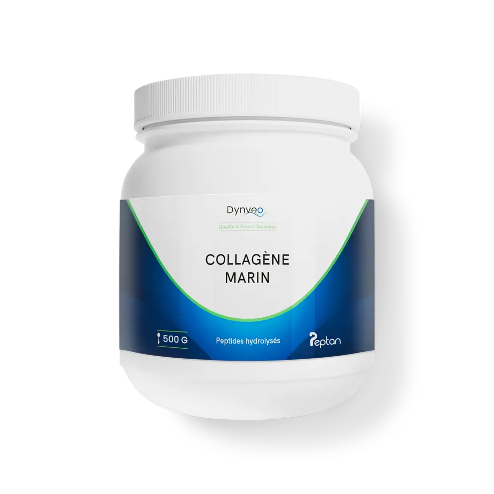 Test et avis collagène marin Dynveo en poudre, certifié Peptan avec peptides hydrolysés inférieurs à 2000 Daltons pour une absorption optimale. Issu de poissons sauvages certifiés MSC et Upcycled Certified, fabriqué en France. Effets observés sur la fermeté de la peau, le confort articulaire et la réduction des craquements aux genoux après 8 semaines de cure à 10 g par jour.