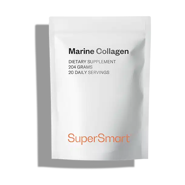 Test et avis Marine Collagen SuperSmart, complément de collagène marin en poudre dosé à 10 g par jour. Peptides hydrolysés Naticol de type 1 à 4000 Dalton pour une absorption optimale, enrichi en vitamine C. Issu de poissons de pêche durable, transformés en France. Effets testés sur la fermeté de la peau, la solidité des ongles et le confort articulaire après 3 mois de cure.