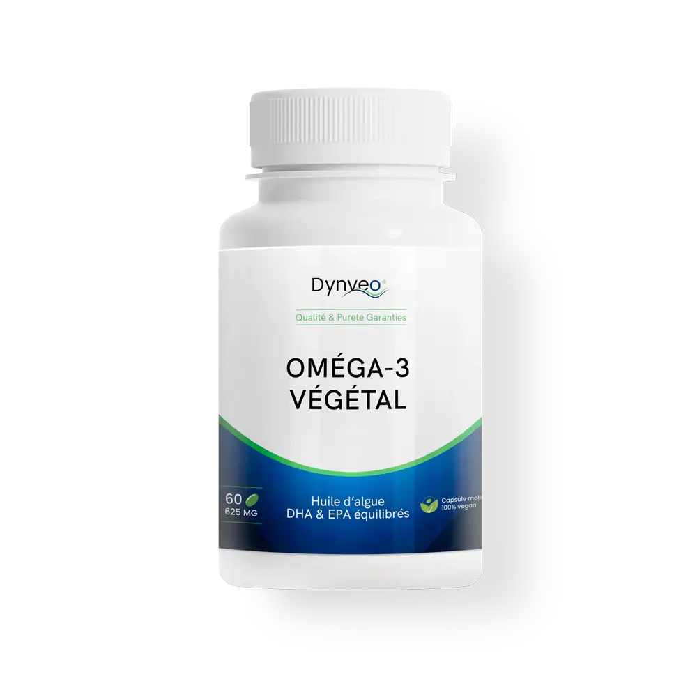 Test et avis oméga-3 végétal Dynveo issu de la microalgue Schizochytrium sp., 500 mg de DHA et 250 mg d'EPA pour deux gélules, TOTOX inférieur à 7. Gélule en pullulan sans carraghénane, process Sensory sans arrière-goût de poisson. Alternative vegan aux huiles de poisson, effets constatés sur la fatigue visuelle et la concentration après trois semaines de cure.