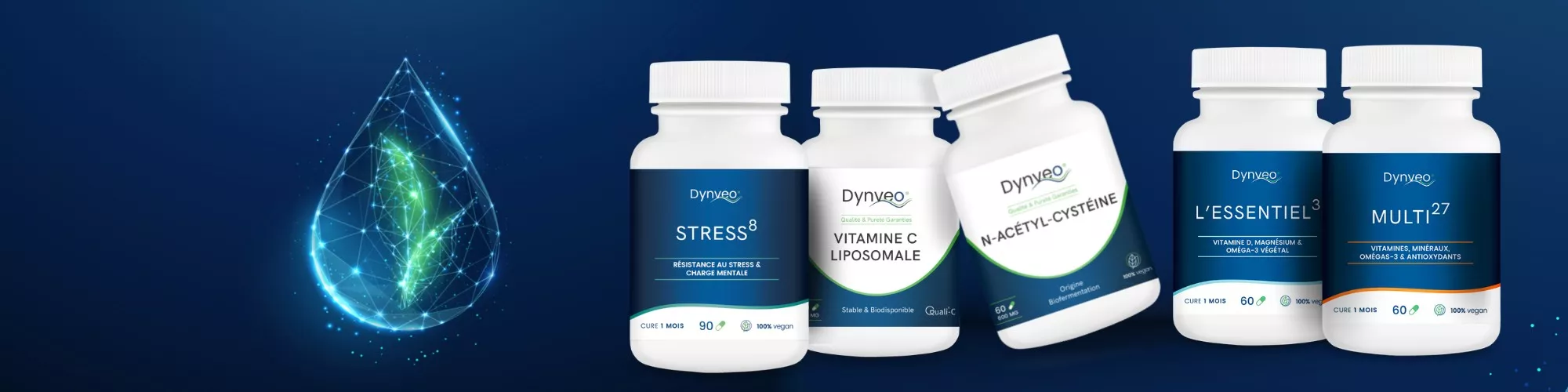 visuel clair avec flacons de compléments dynveo en arrière-plan et mention du code promo dynveo une-case-en-plus10 qui offre 10 % de réduction immédiate sur tous les produits naturels de la marque dynveo sans condition de montant ni inscription