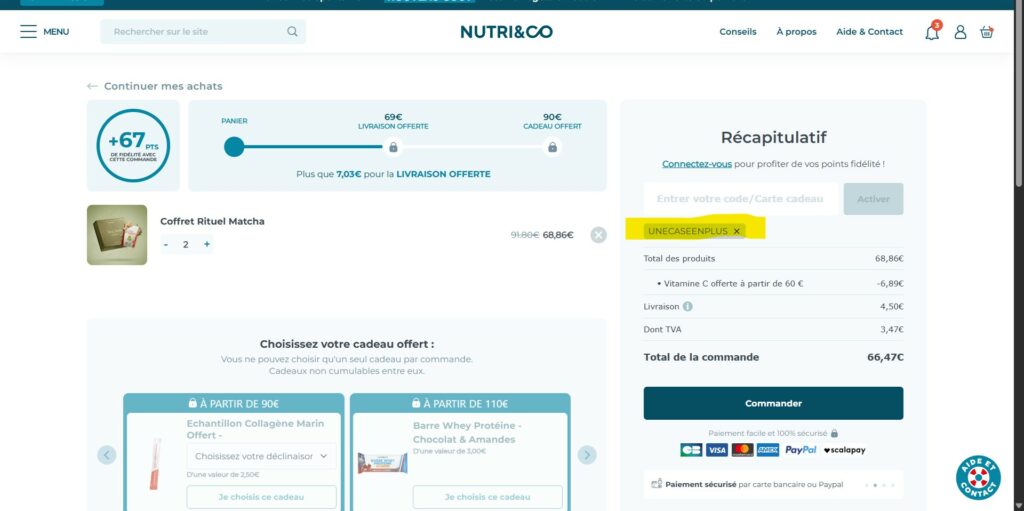 Capture d'écran du récapitulatif de commande nutriandco.com montrant l'application du code promo UNECASEENPLUS avec une réduction de 7,80 euros sur un panier de 78 euros composé d'omega-3 EPAX et de vitamine D3 liposomale, commande passée en novembre 2024