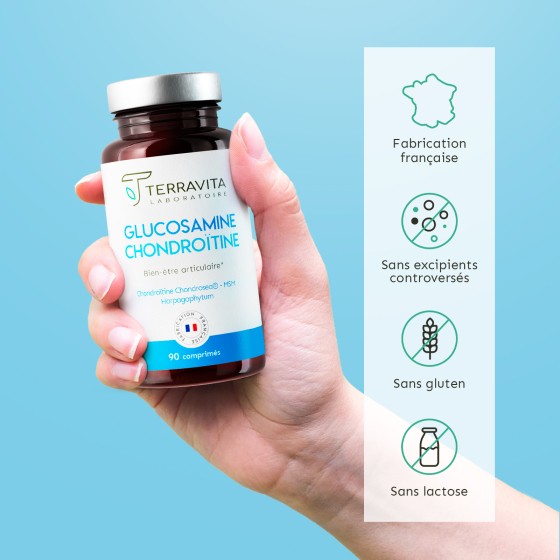 Zoom sur les étiquettes des produits Terravita montrant la composition détaillée sans additifs, avec actifs brevetés et ingrédients bio bien sourcés