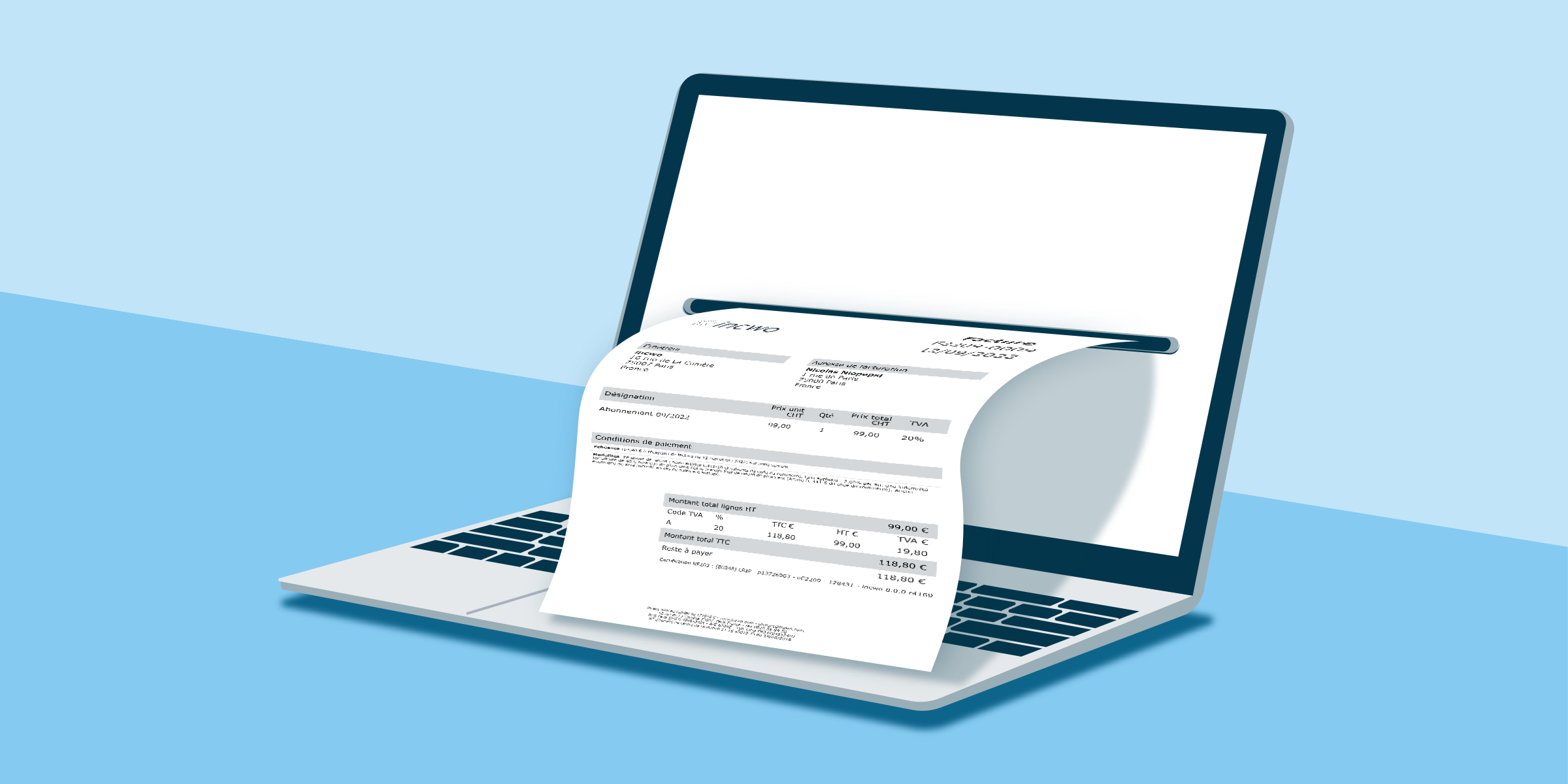 mage principale de l’article montrant une auto-entrepreneuse devant son ordinateur, découvrant des solutions de facturation gratuites pour gérer ses devis, factures et déclarations, avec une interface claire et un fond de bureau lumineux, illustrant la simplicité et l’autonomie dans la gestion d’activité