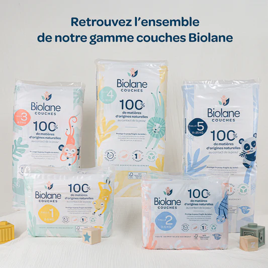 ableau comparatif des tailles couches Biolane, de la taille 1 à la taille 6, avec poids indicatifs, avis sur les ajustements morphologiques, maintien, attaches souples, et confort pour les bébés de différentes tranches d’âge.