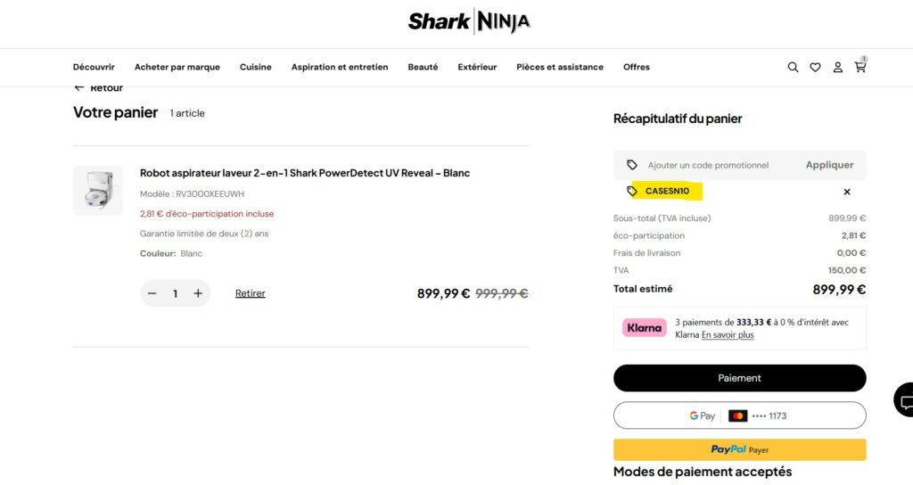 Code promo CASESN10 pour acheter un robot aspirateur Shark moins cher sur le site officiel Shark Ninja, bon plan du comparatif robot aspirateur Shark