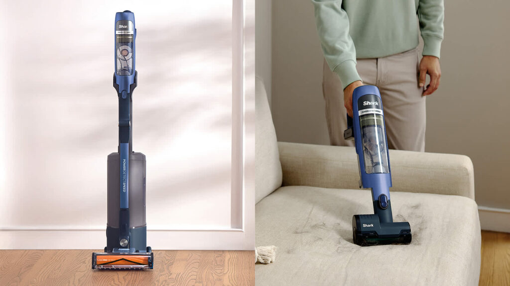 Aspirateur balai sans fil Shark PowerDetect Speed Pet Pro Clean & Empty IA3241FRT en action sur tapis avec poils d'animaux, dans notre comparatif aspirateur balai sans fil Shark