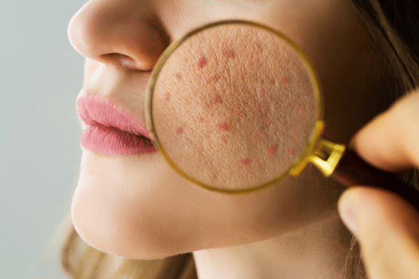 Portrait d’une femme au teint lumineux qui applique une crème, avec en arrière-plan un pot de collagène en poudre, évoquant les compléments alimentaires pour la beauté et l’éclat de la peau