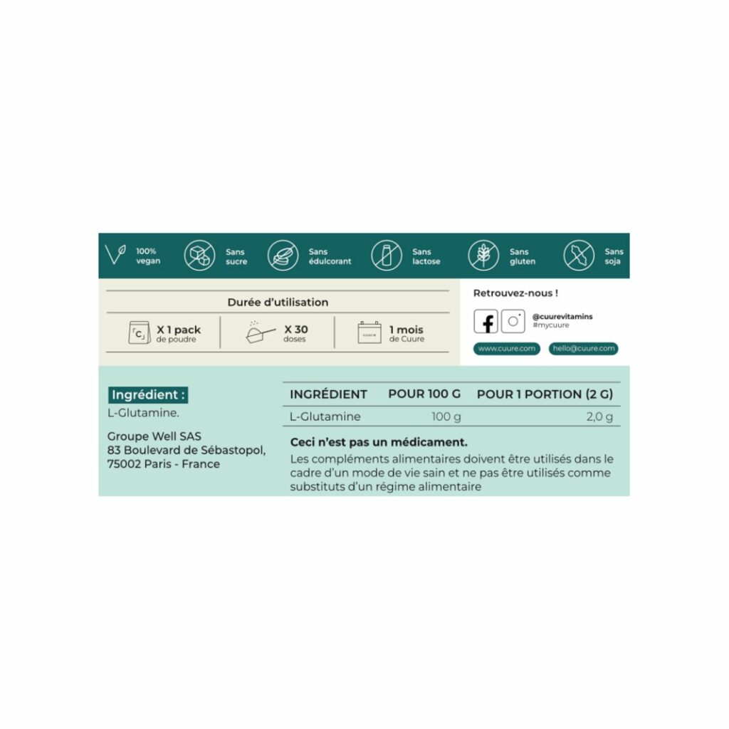 Zoom sur le packaging de la L-Glutamine Cuure, design simple et épuré, garantissant un complément alimentaire pur, sans additifs et testé en laboratoire pour assurer sa qualité