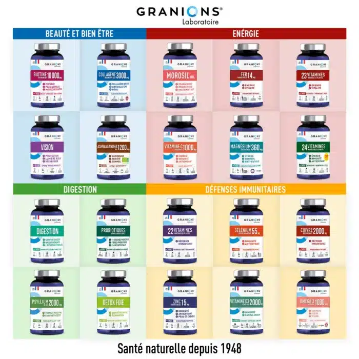 Présentation des principales gammes Granions comme Chondrostéo pour les articulations Conceptio pour la fertilité Duab pour la santé urinaire Somdor pour le sommeil Veinomix pour la circulation Les Essentiels et Granions Oligoéléments avec conseils pour choisir le bon complément
