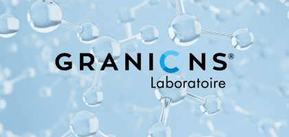 Présentation des origines du Laboratoire Granions créé en 1948 en pharmacie à Paris, explication du nom Granions venant de grains d ions et description de l identité actuelle de la marque française intégrée à EA Pharma avec R&D à Monaco et production en France