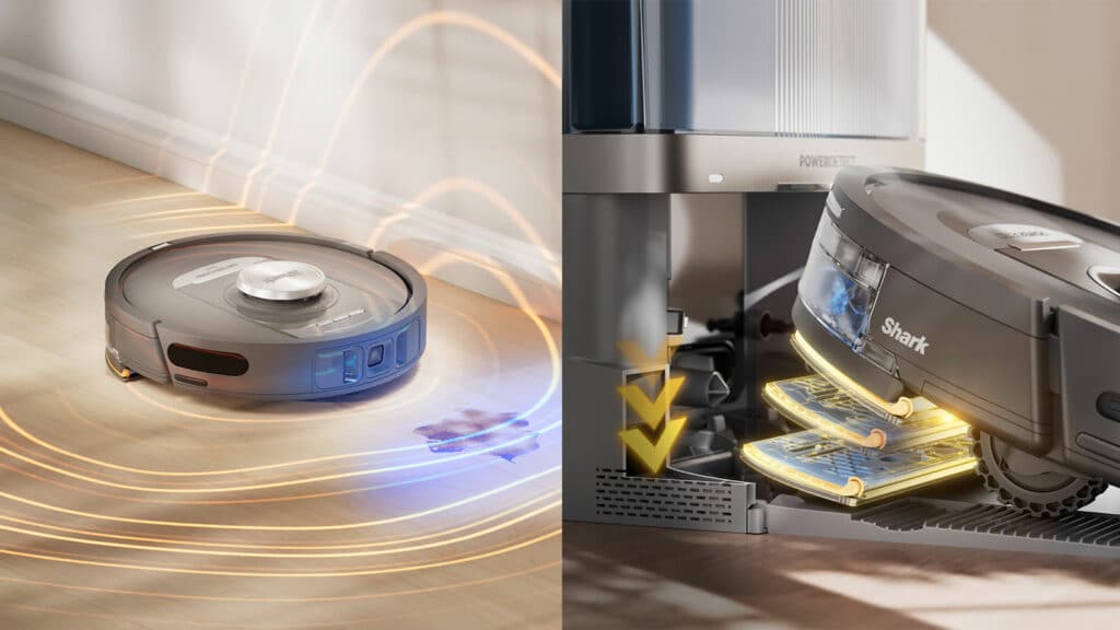 aspirateur robot Shark PowerDetect NeverTouch sur station d’auto-vidage dans un salon