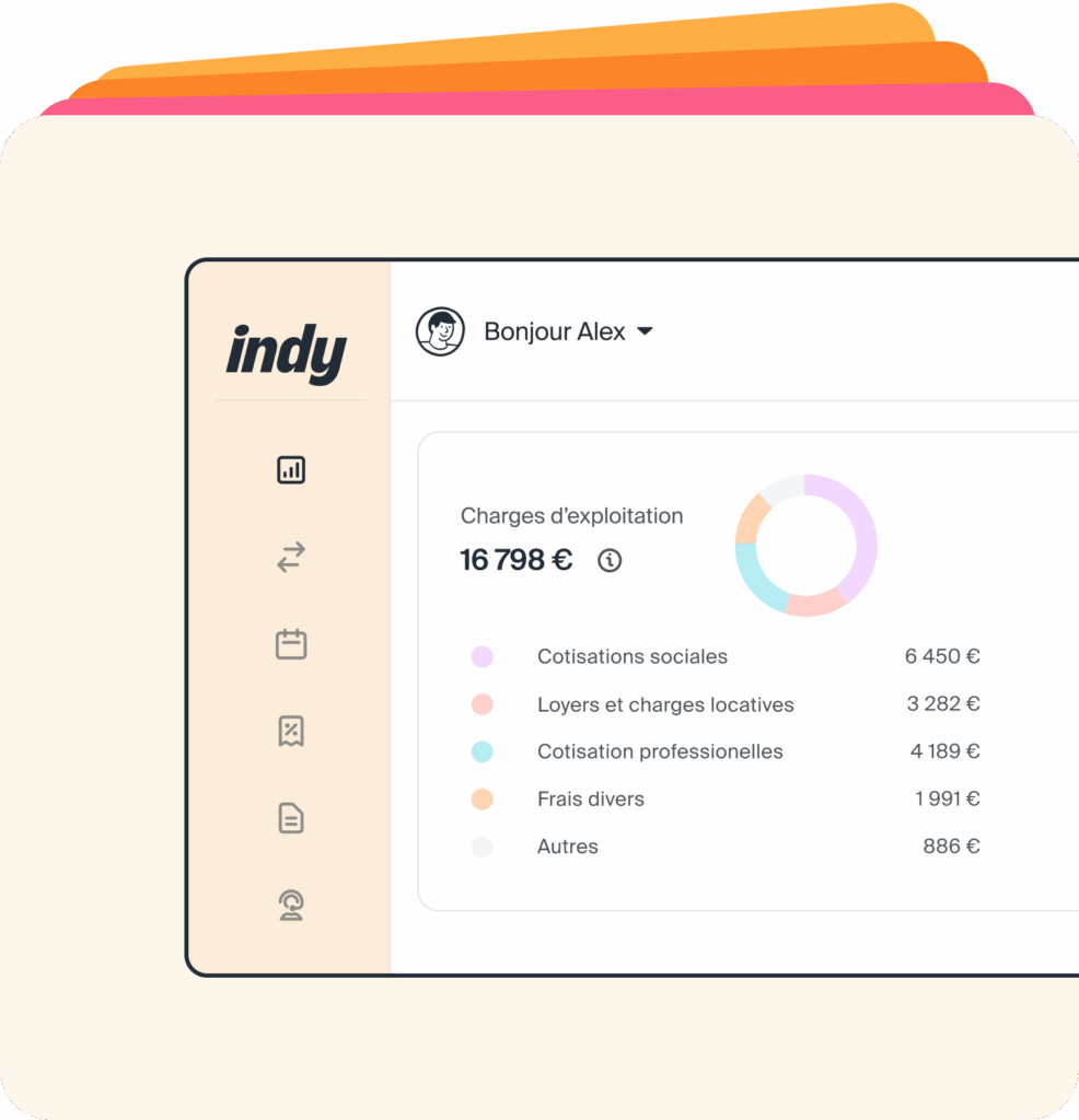: Interface Indy avec synchronisation bancaire, catégorisation automatique des dépenses et tableau de bord comptable adapté aux auto-entrepreneurs et professions libérales