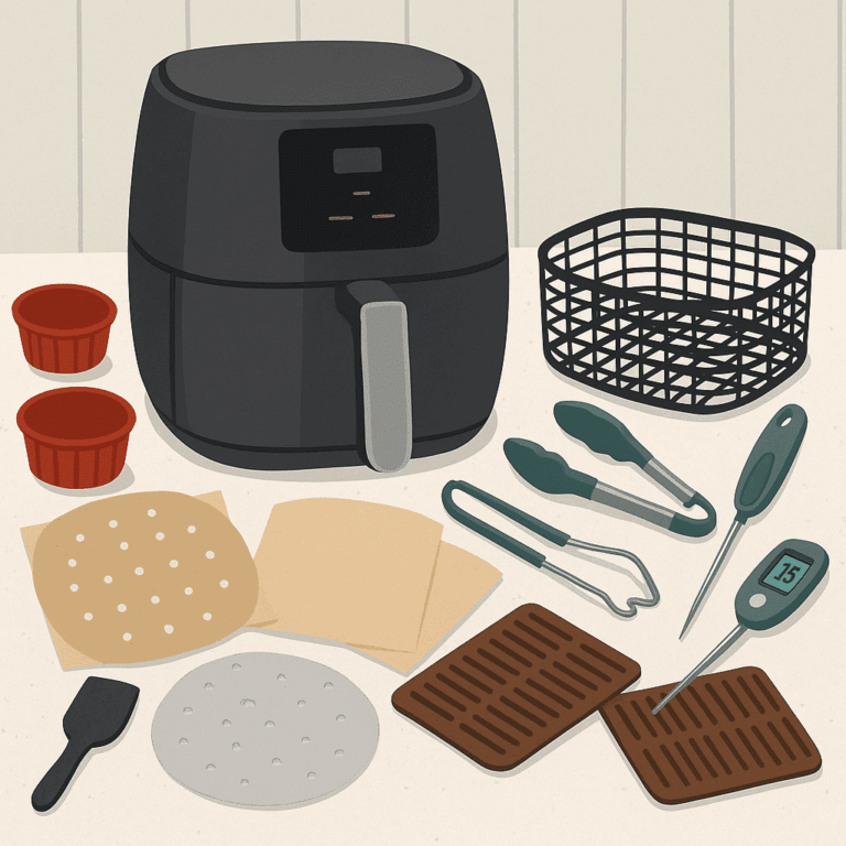 Illustration d’un air fryer Ninja entouré de ses accessoires de cuisine (moules en silicone, papier cuisson perforé, grilles de cuisson, pinces en silicone, spray d’huile, thermomètre, tapis réutilisables), disposés sur un plan de travail moderne pour illustrer un guide pratique sur les accessoires utiles pour air fryer.