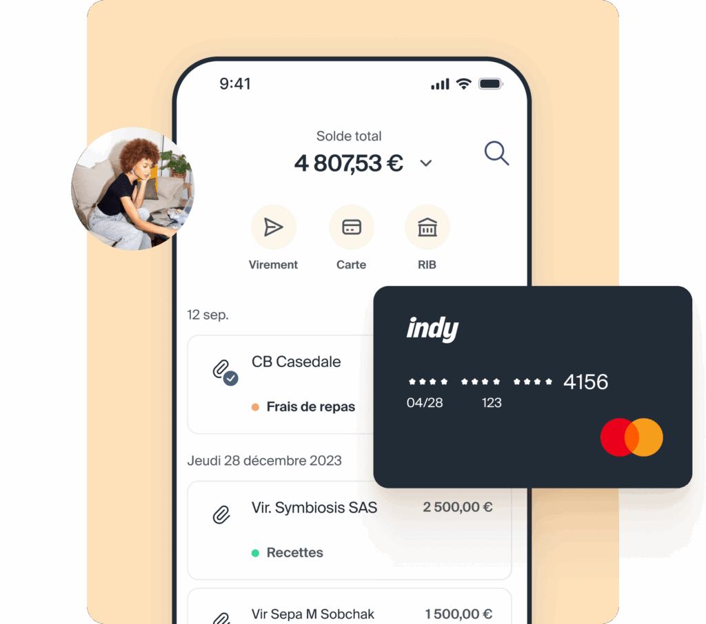 Capture de l’espace compte bancaire d’Indy avec carte Visa, solde affiché, historique des virements et paiements professionnels