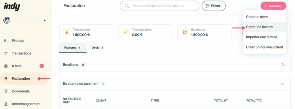 Capture d’écran de l’outil de facturation Indy montrant un devis et une facture personnalisée avec logo et mentions légales, interface claire et intuitive