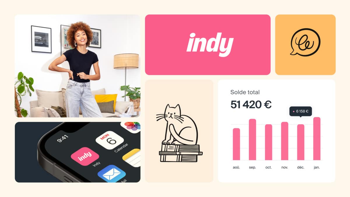 Interface du logiciel Indy ouverte sur l’écran d’un ordinateur portable posé sur un bureau avec carnet, tasse et plante, illustrant la gestion comptable d’une auto-entrepreneuse en activité