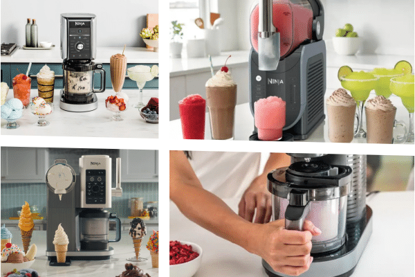 Photo des quatre machines à glace Ninja (Creami, Creami Deluxe, Slushi et Swirl) alignées sur un plan de travail, illustrant leurs différences de taille, de design et de fonctionnalités, avec leurs accessoires (pots, grilles, gobelets), représentant l’univers des machines à glace maison Ninja.