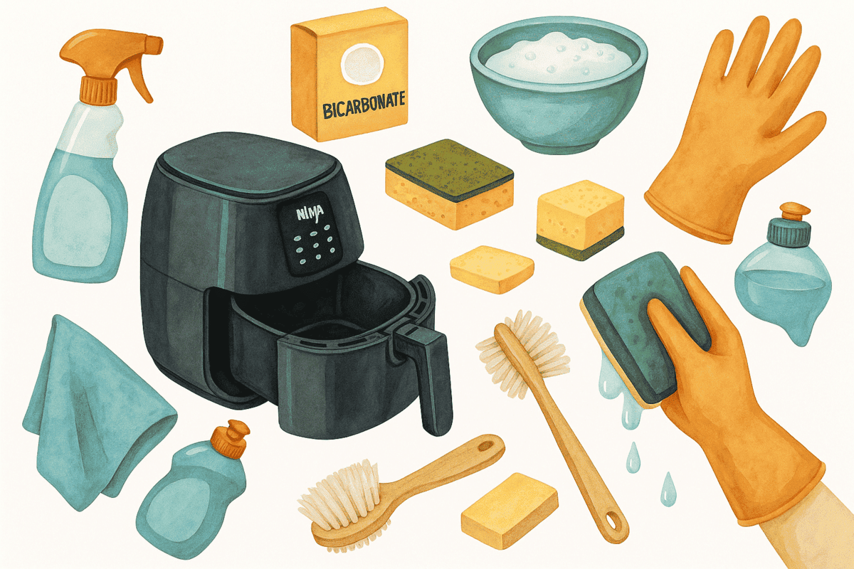Photo d’un air fryer Ninja ouvert avec son panier retiré, posé dans un évier avec une éponge douce, de l’eau chaude savonneuse et des accessoires de nettoyage, illustrant un guide complet pour entretenir et nettoyer un air fryer.