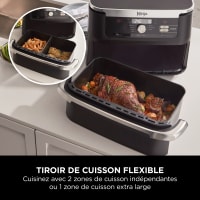 Gros plan sur le panneau de commande du Ninja Foodi Flex 7-en-1 AF500EU avec ses 7 modes de cuisson visibles, utilisés pour préparer frites croustillantes en mode Air Fry, un poulet rôti en mode Roast, ou encore un gâteau maison en mode Bake.