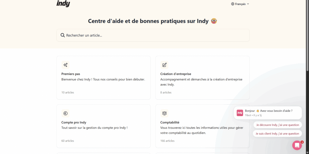 Chat en ligne avec le support Indy et aperçu du WikiCompta montrant les ressources pédagogiques et l’accompagnement utilisateur pour la comptabilité