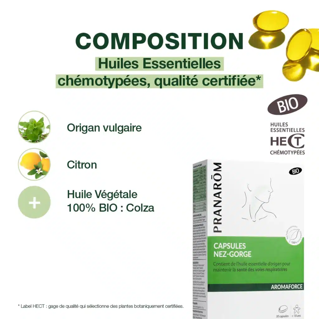 Boîte de capsules Nez & Gorge Bio Pranarôm posée sur un tissu beige, complément naturel à base d’huiles essentielles bio de thym et d’eucalyptus pour le confort respiratoire.
