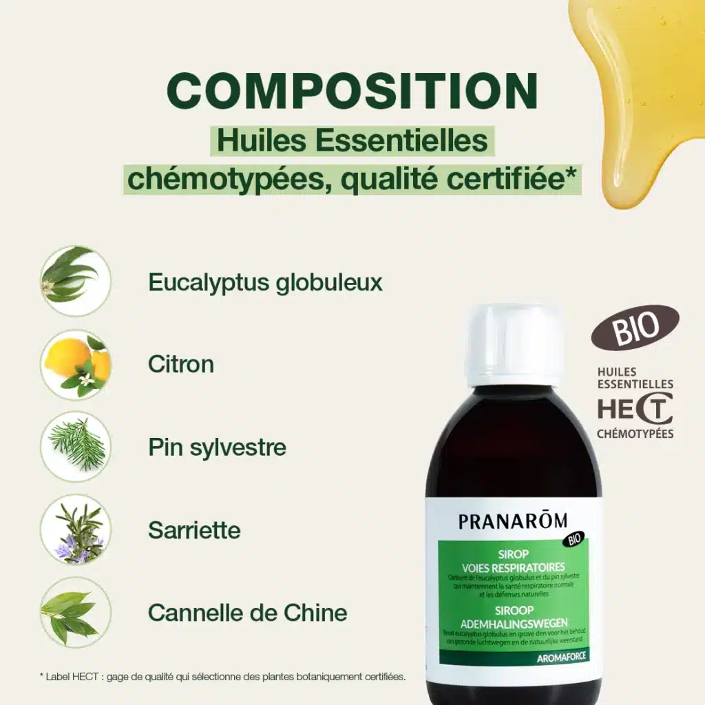 Flacon de Sirop Voies Respiratoires Bio Pranarôm à base d’huiles essentielles et de miel, pour apaiser la gorge et calmer la toux naturellement.