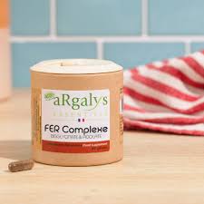 Pot du complément Fer + Vitamine C Argalys avec gélules végétales, illustrant un apport doux en fer bien toléré pour réduire la fatigue.