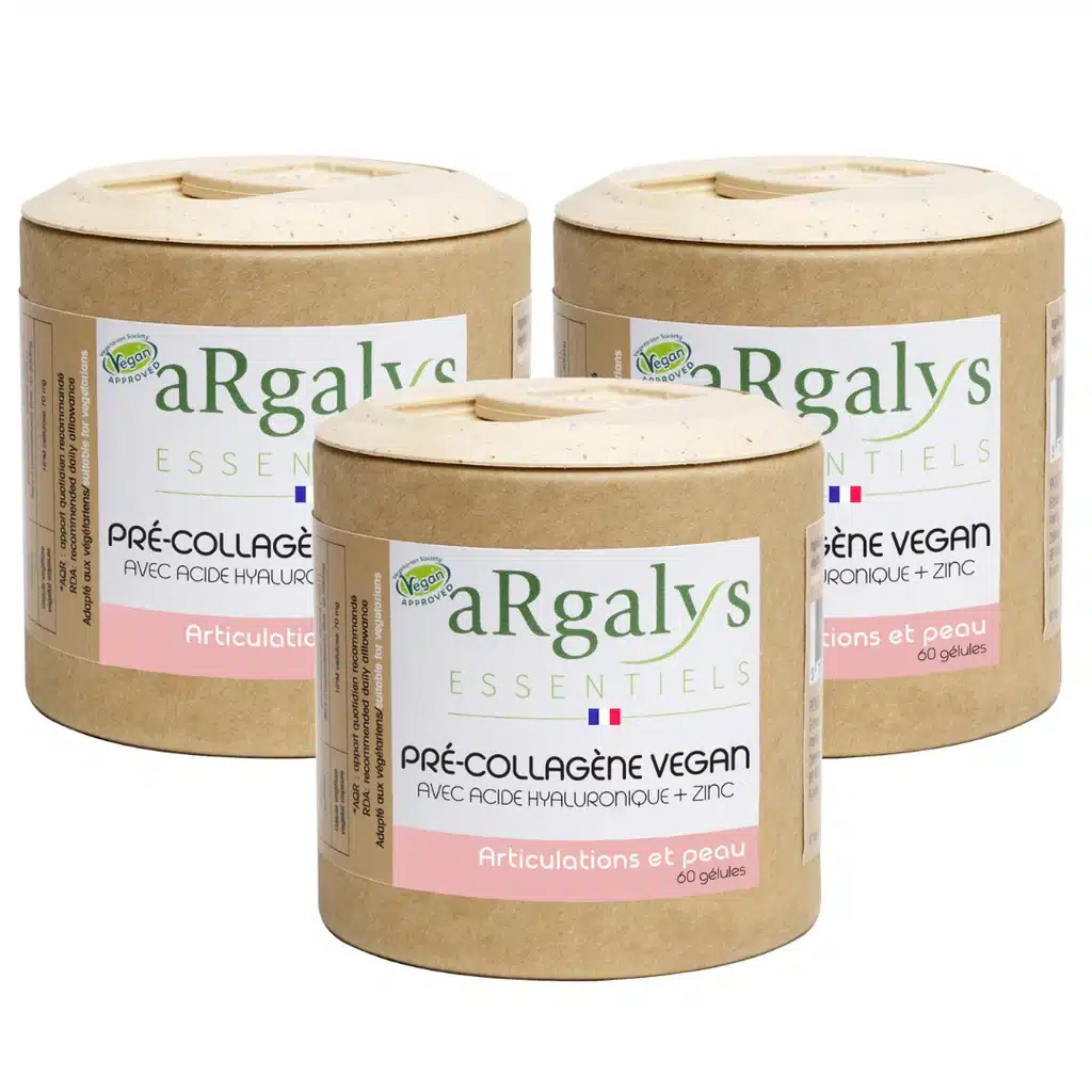 Pot du Pré-Collagène Vegan Argalys avec gélules végétales, illustrant un complément favorisant la production naturelle de collagène et la beauté de la peau et des cheveux.